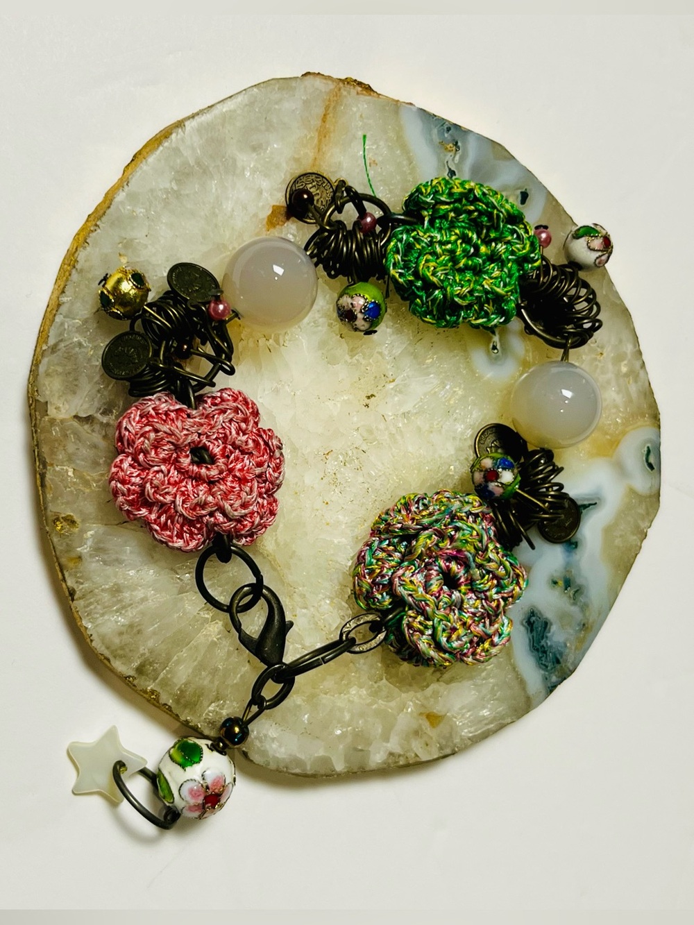 Handmade Multi-Color vintage Crochet Flower Bracelet - Women Jewelry $45